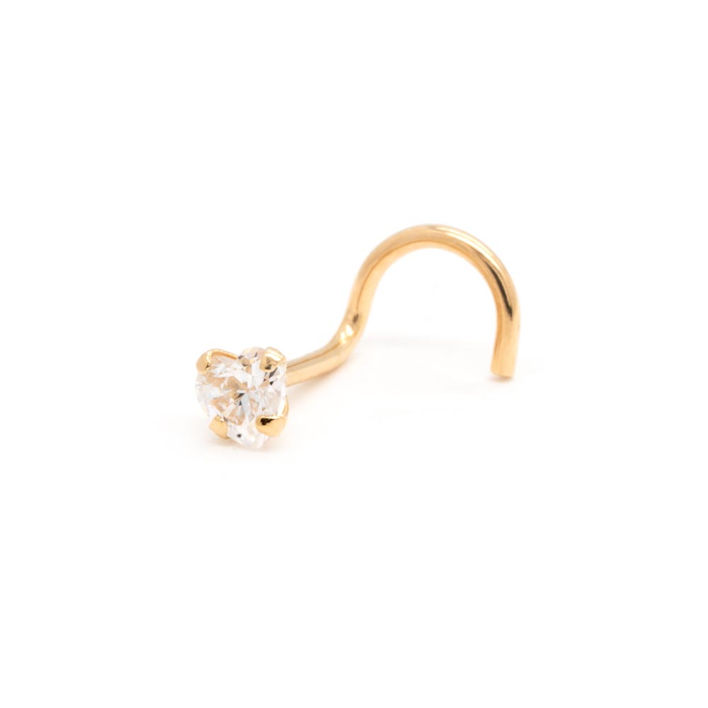 Gold Heart Gem Nostril Screw - Right Bend